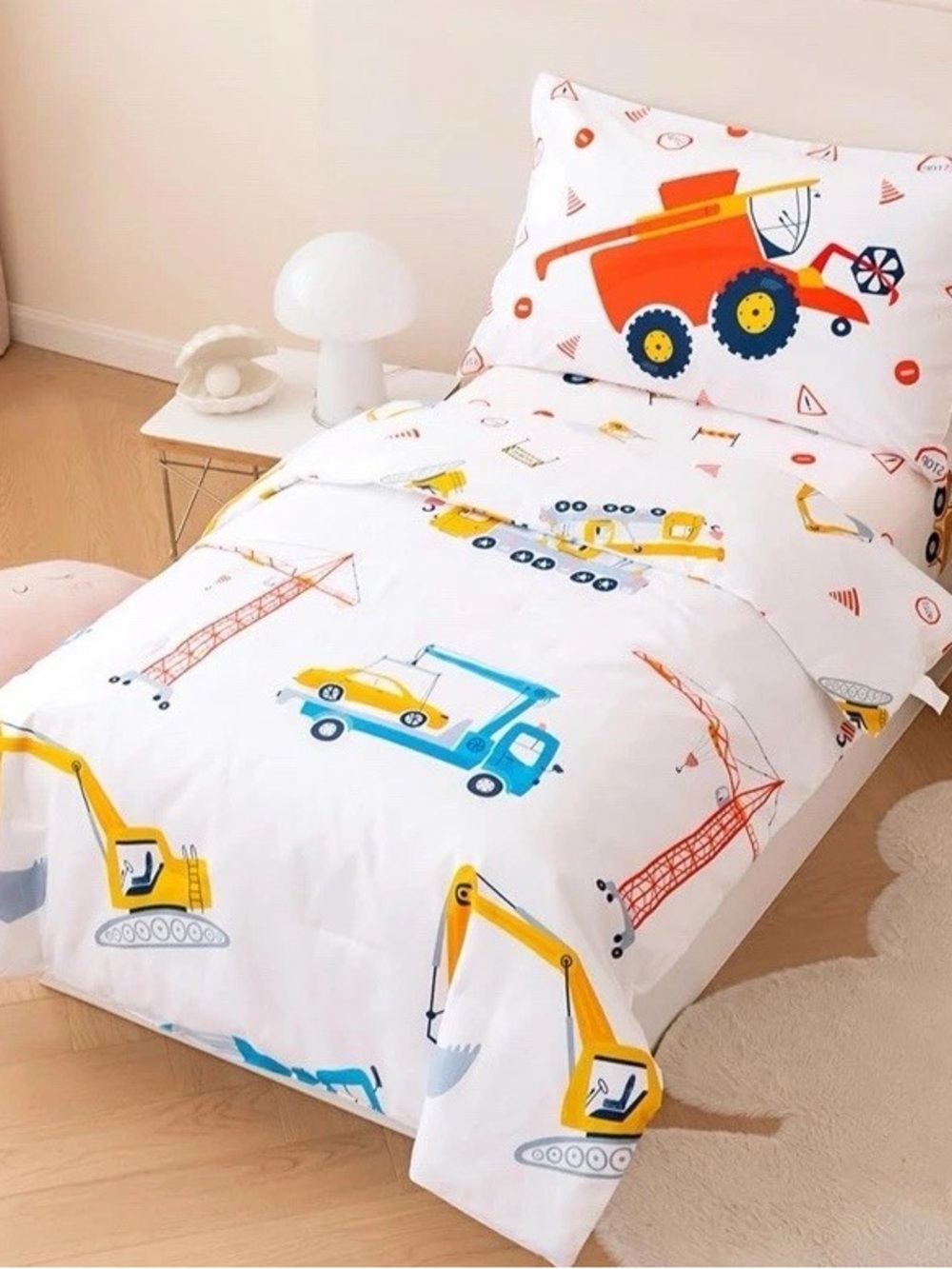 Construction Vehicles Kids Bedding Set - White with Orange, Yellow & Blue - Picture 2 of 8